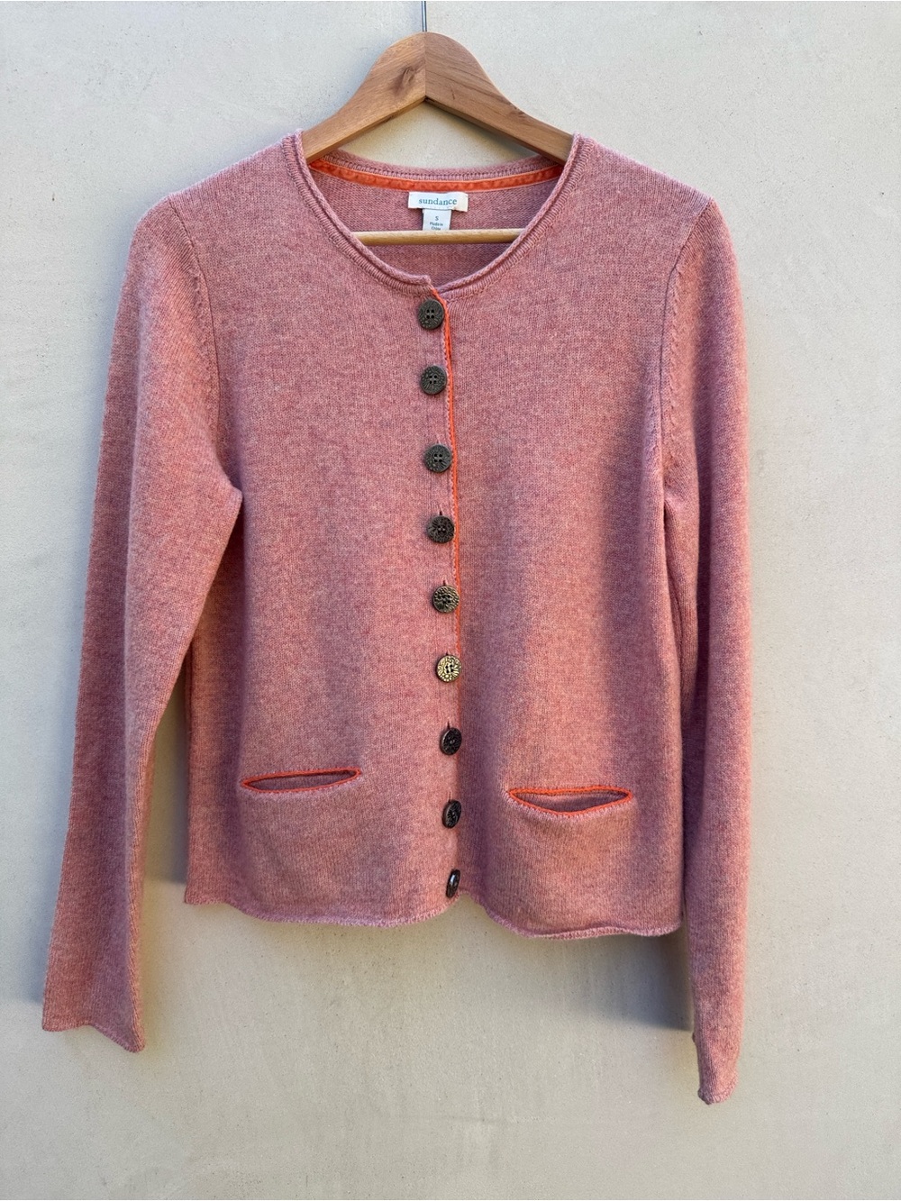 Sundance 100% Merino Wool Cardigan Sweater Small Dusty Rose Coral Trim
